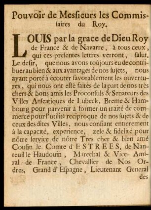 Pouvoir de Messieurs les Commissaires du Roy = Der Königl. Herrn Commissarien Vollmacht.