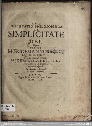 Disputatio philosophica de simplicitate dei