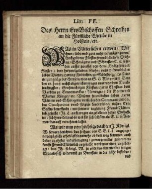Litt: FF. Des Herrn ErtzBischoffen Schreiben an die Fürstliche Wittibe in Holstein/ etc.