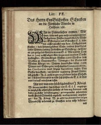 Litt: FF. Des Herrn ErtzBischoffen Schreiben an die Fürstliche Wittibe in Holstein/ etc.
