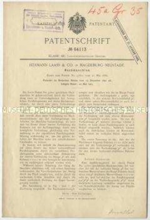Patentschrift einer Hackmaschine, Patent-Nr. 64113