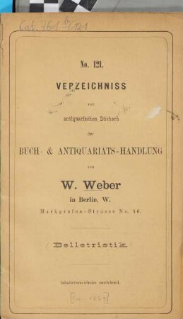 Verzeichnis antiquarischer Bücher. 121. [ca. 1879]