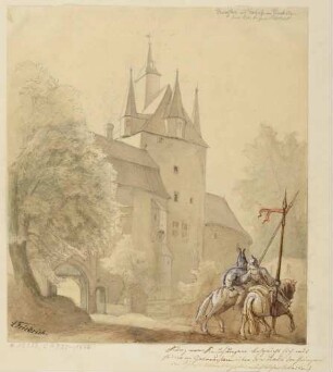 Der Ritter Kunz von Kaufungen zu Pferd in Rüstung mit einem Getreuen vor der Burg Kriebstein an der Zschopau südlich von Waldheim