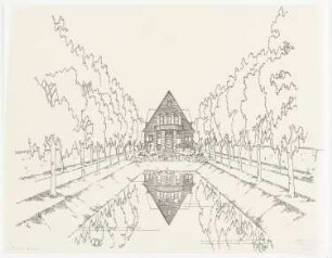Garten Bergmann, Schneverdingen: Perspektivische Ansicht mit Blick über das Wasserbecken zum Haus