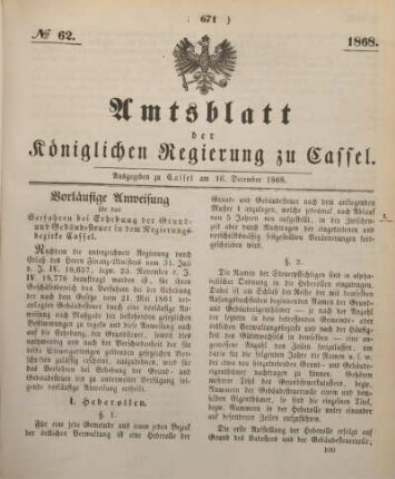 № 62. Ausgegeben zu Cassel am 16. December 1868.