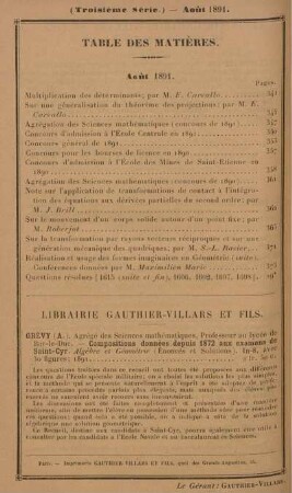 Table des matières. Août 1891.
