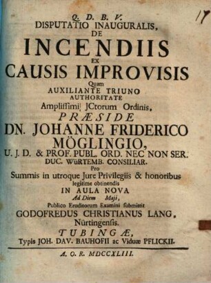 Disputatio inauguralis, De Incendiis Ex Causis Improvisis