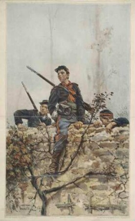 Drei französische Soldaten in Uniform, Mütze und umgehängtem Gewehr auf Spaliermauer