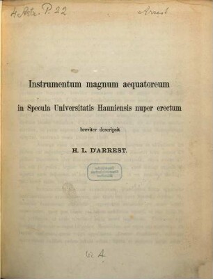 Instrumentum magnum aequatoreum in Specula Universitatis Hauniensis nuper erectum