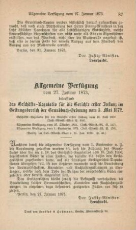 Allgemeine Verfügung vom 27. Januar 1873