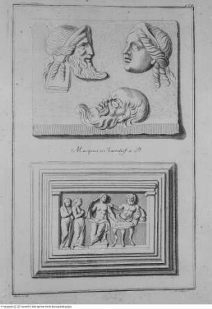 Recueil des marbres antiques qui se trouvent dans la galerie du roy de Pologne à DresdenTafel 178: Zwei antike Reliefs - Masques en basrelief ...