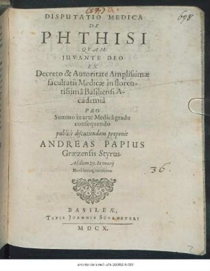Disputatio Medica De Phthisi