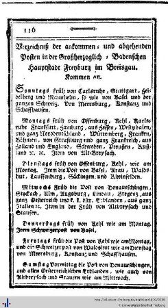Verzeichniß der ankommen- und abgehenden Posten in der Grußherzoglich-Badenschen Hauptstadt Freyburg im Breisgau