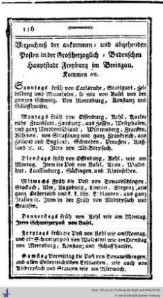 Verzeichniß der ankommen- und abgehenden Posten in der Grußherzoglich-Badenschen Hauptstadt Freyburg im Breisgau