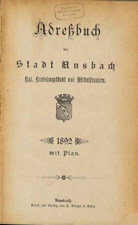 Adressbuch der Stadt Ansbach. 1892