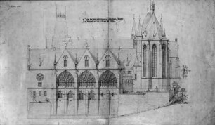 Pläne zum Neubau des Universitätsgebäudes in Marburg — Aufriß der Ostseite mit neuem Aulaflügel und Universitätskirche