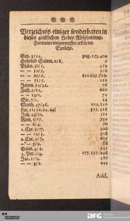 Verzeichnis einiger sonderbaren in diesen geistlichen Lieder-Absolutions-Formulen einigermassen erklärten Sprüche.