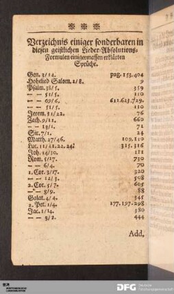 Verzeichnis einiger sonderbaren in diesen geistlichen Lieder-Absolutions-Formulen einigermassen erklärten Sprüche.