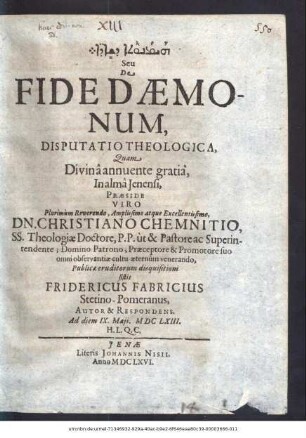 [...] Seu De Fide Daemonum, Disputatio Theologica
