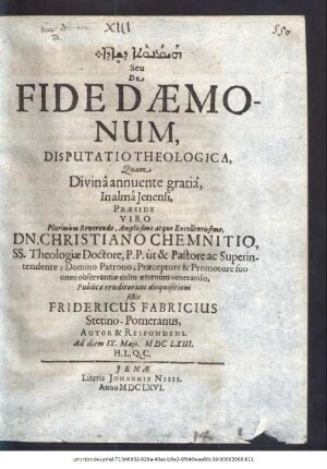 [...] Seu De Fide Daemonum, Disputatio Theologica