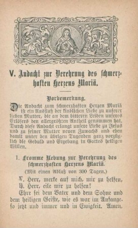 V. Andacht zur Verehrung des schmerzhaften Herzens Mariä