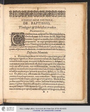 Synopsis Sanæ Doctrinæ, de Baptismo, Theologicè & Scholasticè tradita. Propositio.