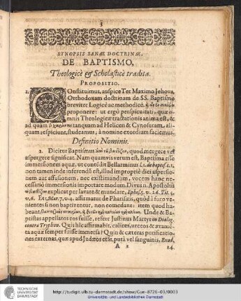 Synopsis Sanæ Doctrinæ, de Baptismo, Theologicè & Scholasticè tradita. Propositio.