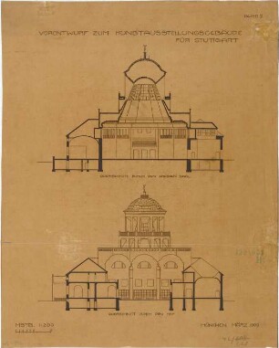 Fischer, Theodor; Stuttgart; Kunstausstellungsgebäude - Großer Saal u. Hof (Querschnitte)