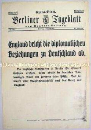 Extra-Blatt des "Berliner Tageblatt" zum Abbruch der diplomatischen Beziehungen durch Großbritannien