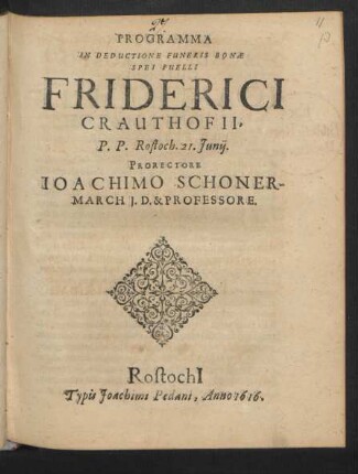Programma In Deductione Funeris Bonae Spei Puelli Friderici Crauthofii : P.P. Rostoch. 21. Iunii