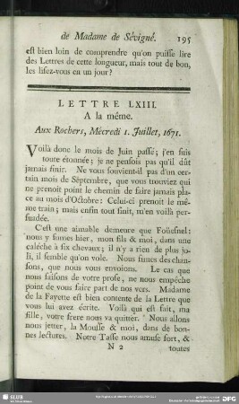 Lettre LXIII. A la même. Aux Rochers, Mécredi 1. Juillet, 1671