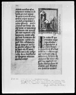 Regel des heiligen Benedikt — Der Mönch Maurus kommt mit dem geretteten Placidus zum heiligen Benedikt, Folio 22verso
