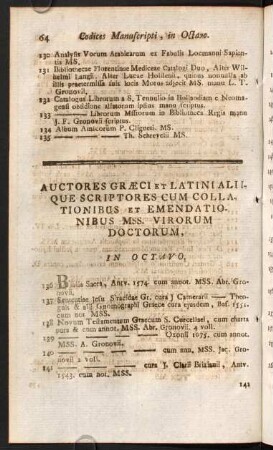 Auctores Graeci Et Latini Allique Scriptores Cum Collationibus Et Emendationibus Mss. Virorum Doctorum, In Octavo.