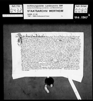 Heinrich von Fleckenstein bekennt, dass ihm Graf Ludwig zu Löwenstein (Lewenstein) und Wertheim, Herr zu Scharfeneck (Scharpfeneck) und Breuberg, als Vormünder der Grafen Georg Ludwig und Kasimir zu Löwenstein den Zehnten zu Wald-Ilbesheim verliehen hat. Inseriert ist der Lehenbrief vom geichen Tag.