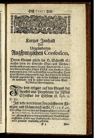 Kurtzer Innhalt Der Ungeänderten Augspurgischen Confession, Deren Grund [...]
