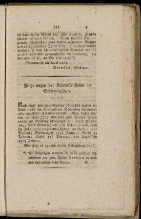 Frage wegen der Kolonistenstellen im Schleswigschen