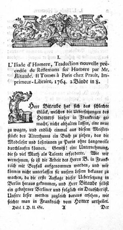 I. L`Iliade d`Homere.