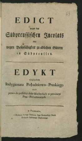 Edict wegen des Südpreussischen Incolats oder wegen Besitzfähigkeit zu adlichen Gütern in Südpreussen : [Berlin, den 16ten May 1794]
