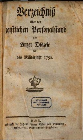 Verzeichniß über den geistlichen Personalstand der Linzer Diözese, 1792