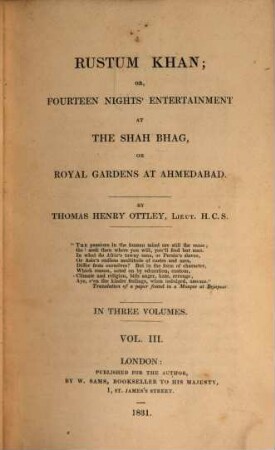 Rustum Khan, or fourteen nights entertainment at the Shah Bhag, or royal gardens at Ahmedabad, 3
