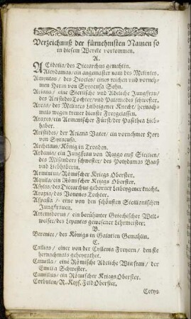 Verzeichnuß der fürnehmsten Namen so in diesem Wercke vorkommen.