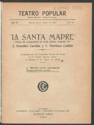 2.1920=Nr. 13: La santa madre : pieza de actualidad en tres actos