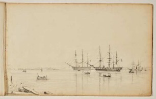 Große Segelschiffe und kleine Ruderboote