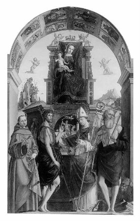Thronende Maria mit dem segnenden Kind, den Heiligen Franziskus von Assisi, Johannes dem Täufer, Hieronymus und Ambrosius