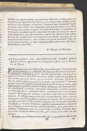 Aprobación del reverendísimo Padre Diego Jacinto de Tebár