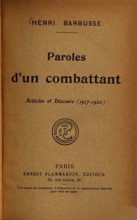 Paroles d'un combattant : articles et discours (1917-1920)