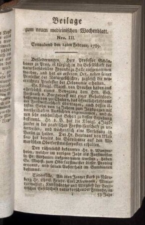 Beilage zum neuen medicinischen Wochenblatt. Nro. III. Sonnabend den 14ten Februar, 1789.