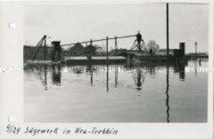 Durch das Hochwasser im Oderbruch überflutete Sägewerk in Neu-Trebbin