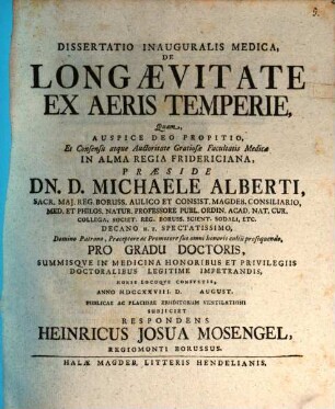 Dissertatio Inauguralis Medica, De Longaevitate Ex Aeris Temperie