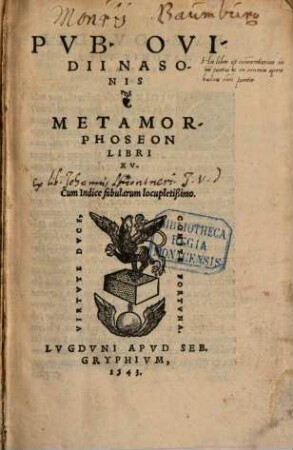 Pvb. Ovidii Nasonis Metamorphoseon libri XV. : cum indice fabularum locupletißimo